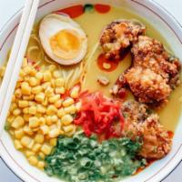 Curry Fried Chicken Tonkotsu · creamy curry broth, fried chicken, shoyu egg, corn, pickled ginger, scallions
