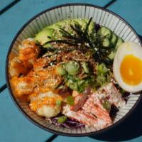 Tempura Shrimp & Crab Poke Rice Bowl · shrimp tempura, crab salad, avocado, cucumber, cabbage, crispy onion, spicy mayo
