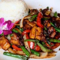 Spicy Basil with Crispy Pork Belly · Fried pork belly stir-fried with basil, chili, green bean, bell pepper and onion.