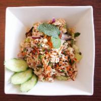 Larb Chicken Salad · Ground chicken, red onion, cilantro, mint leaves, with Thai spicy lime dressing.