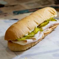 Turkey Po'boy · Oven roasted turkey breast with smoked Swiss Gouda, sweet pickles and mayo.