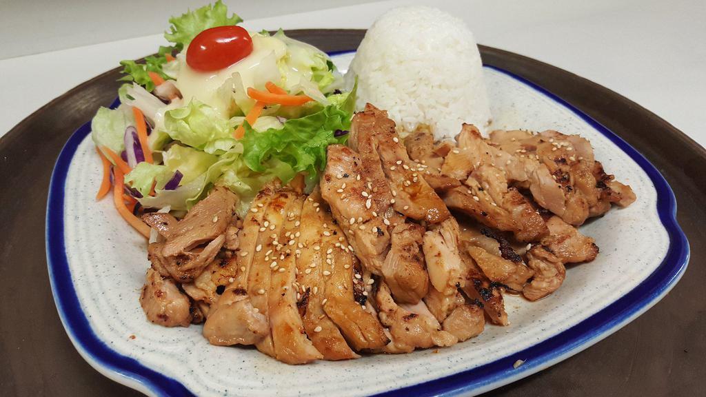 Chicken Teriyaki · Grilled boneless chicken finished with teriyaki sauce. Served with rice, miso and salad.