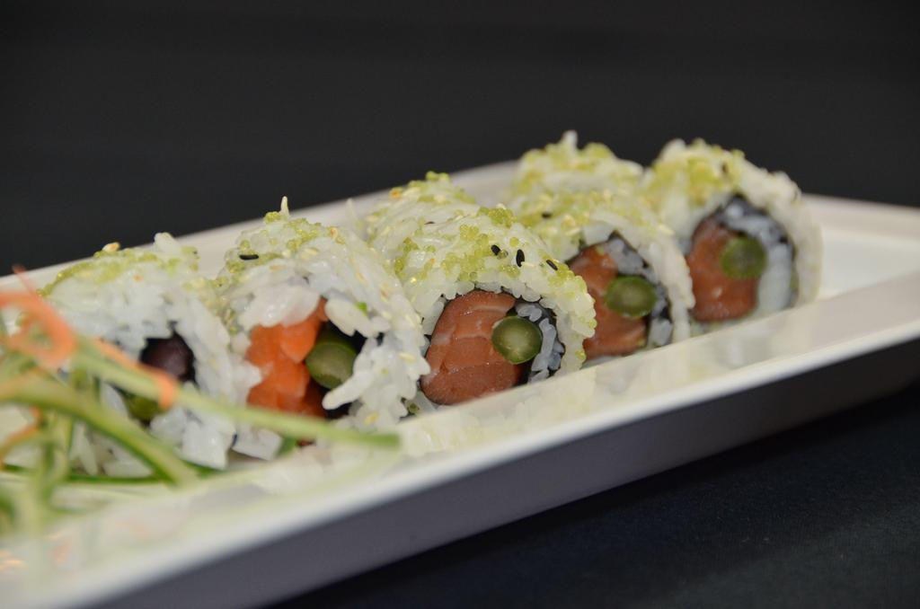 Wasabi Hot Roll · Raw. Salmon, tuna, asparagus, avocado, wasabi and caviar. Served with choice of side. Spicy.
