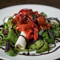 Table 87 Salad · Mixed greens, homemade mozzarella, roasted red peppers with balsamic reduction and extra vir...