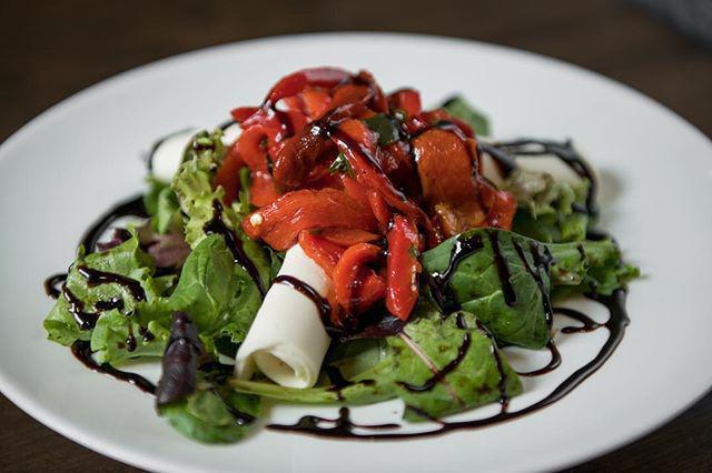 Table 87 Salad · Mixed greens, homemade mozzarella, roasted red peppers with balsamic reduction and extra virgin olive oil. 
