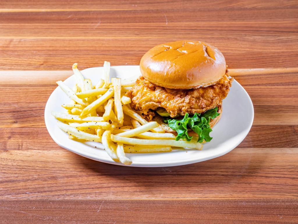 Buffalo Ranch Chicken Sandwich · Breaded chicken breast tossed in a mild Buffalo ranch sauce with cheddar cheese, lettuce, tomato, and pickle slice.