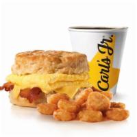 Bacon Egg & Cheese Biscuit Combo · Served with small drink and hash round.