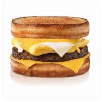 Sausage Grilled Cheese Breakfast Sandwhich · The Grilled Cheese Breakfast Sandwich loaded with American and Swiss Cheese, Folded Egg, and...