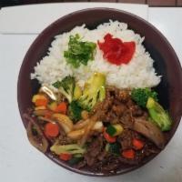 Beef Teriyaki Bowl · Beef, Carrots, Zuccchini, Onion, Broccoli, Mushroom, Served with Teriyaki Sauce and Rice