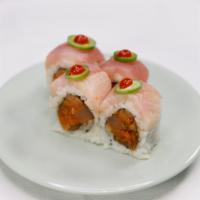 Double Yellowtail Roll · In: spicy yellowtail, top: yellowtail sashimi and serrano peppers with ponzu, hot sauce. Raw.