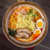 Spicy Miso LV3.. · Pork bone broth with spicy miso paste topped with pork chashu, corn, flavored egg, green oni...