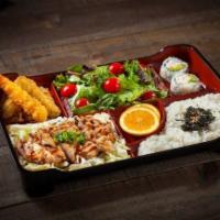 Teriyaki Chicken Bento.. · Charbroiled teriyaki chicken served with steamed white rice, 2 pieces of California roll, sh...