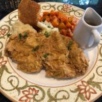 Southern Fried Chicken gf · Boneless fried chicken breast with mashed potatoes, gravy and honey glazed carrots