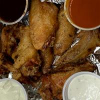 8 All American Smoked Wings · Dusted and served with sauce on side
Reds: BBQ And Wing Sauce
White: Ranch Dip
Blue: Chunky ...