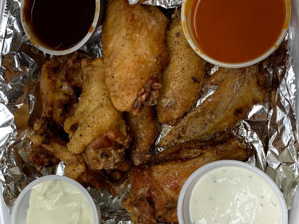 8 All American Smoked Wings · Dusted and served with sauce on side
Reds: BBQ And Wing Sauce
White: Ranch Dip
Blue: Chunky Blue cheese