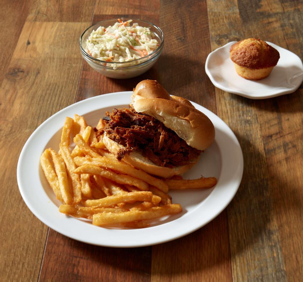Rodeo Pulled Pork Sandwich with 2 Sides · Slow smoked pulled pork. Add slaw to make it Carolina style.