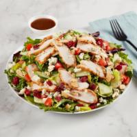 Savannah Chopped Salad · Grilled chicken, dried cranberries, Gorgonzola, honey roasted almonds, tomatoes and cucumber...