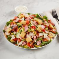 Chef Salad · Garden salad with sliced turkey, ham, bacon, cheddar-jack, croutons, tomatoes and cucumbers....