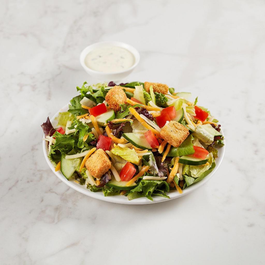 Kid's Garden Salad · Crisp cucumbers, tomatoes, cheese, and croutons over fresh greens with your choice of dressing and protein: All-Natural Chicken, Ham or Turkey. Served with choice of side and a mini chocolate chip cookie.