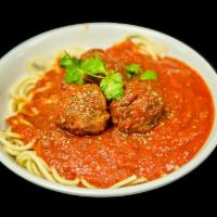Spaghetti with Meatball Dinner · Includes garlic bread and a salad.
