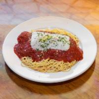 Chicken Parmesan Pasta · 2 breaded chicken fillets smothered in homemade pasta sauce topped with melted mozzarella ch...