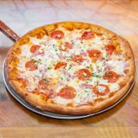 Feta Cheese Pizza · Pepperoni, ham, onions, feta cheese, mozzarella, and Parmesan cheese.