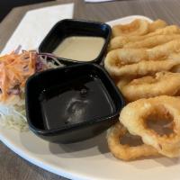 Squid Rings · Lightly deep-fried squid rings with wasabi mayo and spicy teriyaki sauce.
