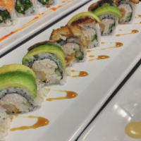 Dragon Roll · Shrimp tempura, cucumber, krab meat roll topped with freshwater eel and avocado.
