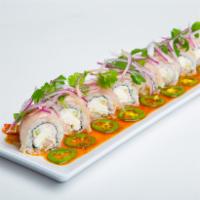 Cilantro Albacore Roll · Shrimp tempura, cucumber, krab meat roll with cream cheese topped with albacore, cilantro, r...
