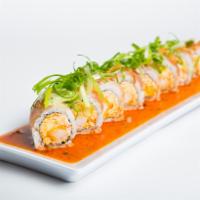 Spicy Garlic Albacore Roll · Shrimp tempura, cucumber, spicy krab meat roll topped with albacore, scallion, crunch garlic...