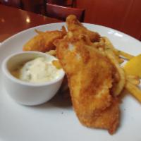 fish and chips · house breaded wild pacific cod served with shoe string fries, and caper tartar sauce. 