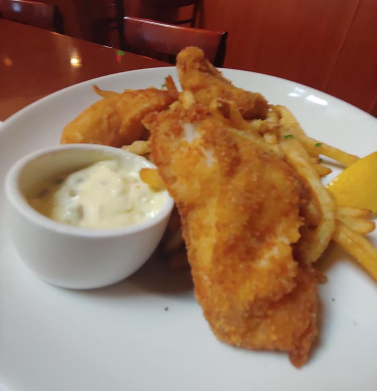fish and chips · house breaded wild pacific cod served with shoe string fries, and caper tartar sauce. 