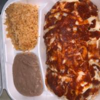 Burrito Suizo Dinner · burrito filled with our house red sauce with melted cheese on top