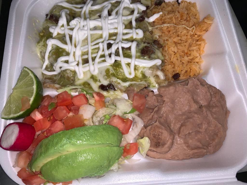 Enchiladas Dinner · 3 enchiladas topped with red or green sauce served with rice, beans and salad