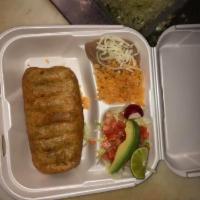 chimichanga · choice of your meat served with rice, beans and salad