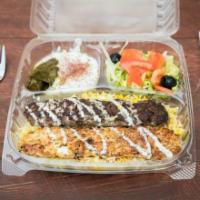 16. Combo Kabab Plate · Rice, chicken kabab, beef kabab, salad hummus, tzatziki with dolma, optional: hot and garlic...