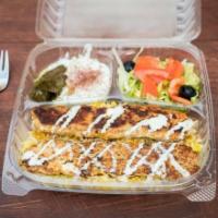 8. Chicken Kabab Plate · Rice, chicken kabab, salad hummus, tzatziki with dolma, optional: hot and garlic sauce.