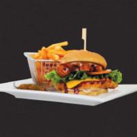 Canelo Burger · Breaded chicken breast, crispy cheddar cheese, bacon, lettuce, tomato, ranch dressing, and s...