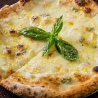 Quattro Formaggi Pizza · Homemade fresh mozzarella, Parmigiano Reggiano, Pecorino Romano, fontina and Gorgonzola chee...