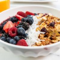 Breakfast Acai Bowl · A healthy and delicious way to start your day. Blended organic açai topped with Le Bon's hou...