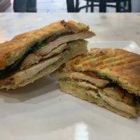 Grilled Chicken and Roasted Tomato Panini · Grilled chicken, roasted tomato, pesto and fresh basil served warm on focaccia