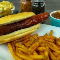 Smoked Sausage Sandwich · A big hickory-smoked link with sautéed onions, and spicy mustard on a toasted roll. Served w...