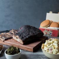 BBQ 6 Pack · 3 lbs. of Smoked Meats, 4 Pints of Southern Sides, Choice of Bread & BBQ Sauce.