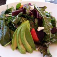 Beet Salad · Organic baby kale, avocado, goat cheese, roasted walnuts, and orange wedges in citrus dressi...