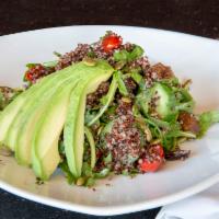 Organic Quinoa Salad · Baby arugula, cherry tomato, cucumber, pumpkin seeds, and Medjool dates in a red wine vinaig...
