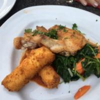 Free-Range Jidori Chicken · Crispy skin chicken breast, warm Moroccan carrot spinach salad, polenta fries, and savory to...