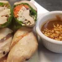 19. Grilled Chicken Rolls · Rice paper wrapped grilled chicken, with lettuce, cabbage, cucumber, carrots and vermicelli....
