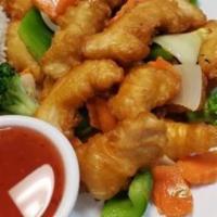 44. Sweet and Sour Chicken Rice Platter · Breaded chicken breast, carrots, bell pepper and onion in a sweet and sour sauce.
