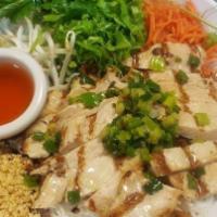 65. Grilled Chicken and Egg Roll Vermicelli · Thin rice noodles with fresh lettuce, cucumber, bean sprouts, crushed peanuts, shredded carr...