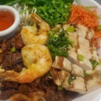 68. Grilled Shrimp, Grilled Pork and Grilled Chicken Vermicelli · Thin rice noodles with fresh lettuce, cucumber, bean sprouts, crushed peanuts, shredded carr...